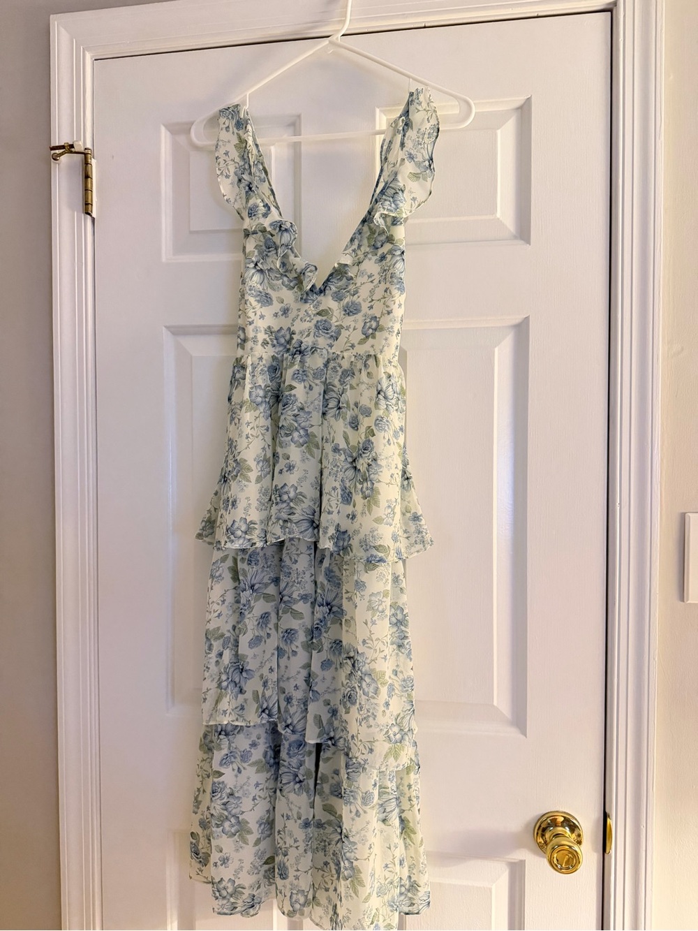 Altar'd State Blue & White Floral Ruffle Tiered Midi Dress